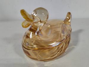 Marigold Carnival Glass Duck Candy Dish
