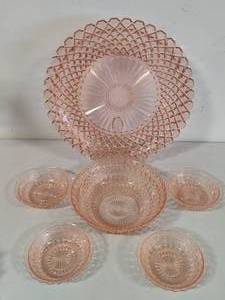 Pink Depression Glass Serving Platter & Salad Bowl Set
