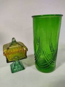 Vintage Candy Dish & Hoosier Green Glass Vase.