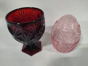 Dark Red Candy Dish & Pink Glass Egg