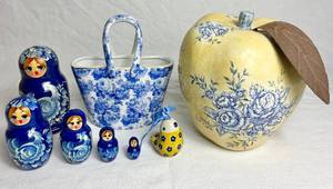 Yellow & Blue Floral Porcelain Dcor plus Russian Nesting Dolls