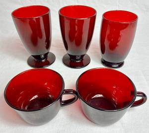 Anchor Hocking Royal Ruby Footed Tumblers and Tea Cups - 5pcs
