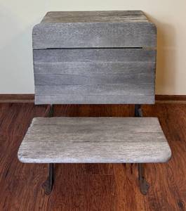Antique School Desk with Ornate Cast Iron Supports and Foldable Wooden Seat