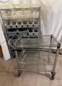 Wire 7 Shelf Rack with Storage Bins and 3 Shelf Wire Push Cart
