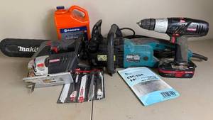 Makita 16 Chain Saw Model UC4030A , Husqvarna Bar and Chain Oil, Replacement 16 Chainsaw Chain with 19.2V Cordless DrillDriver and 19.2V Jig Saw with blades