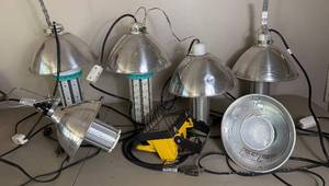 Shop Lighting Bundle - 5 LED Corn Light Units, 1 Yellow Work Light and 1 Flood Light with Relector