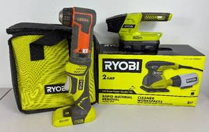 Ryobi Bundle of NEW 14 Sheet Finish Sander Kit, LED Flashlight with Battery, Ryobi One JobPlus Base with Ridgid R8223402 JobMax Drill