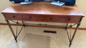 Wood Desk With Brass Tone Base & 4 Drawers