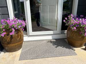 Pair of Large Brown Glazed Ceramic Patio Planter Urn w Incised Decor Good