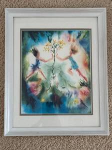 Signed Framed Fairy Watercolor Art Print White Frame 13x16 Wall Decor