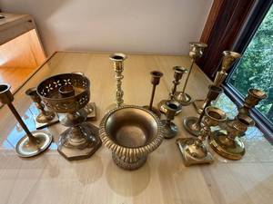Vintage Brass Candlesticks & Pedestal Bowls Mixed Decor Lot 15 Pc