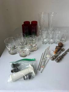 Assorted Vintage Barware Glasses Lot w Stoppers Tools Red Tumblers