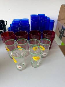 Vintage Mixed Glass Tumbler Lot Cobalt Blue Red Floral 20 Pc Set