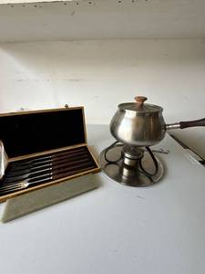 Vintage Stainless Steel Fondue Set Pot Stand Burner & 6 Forks Boxed