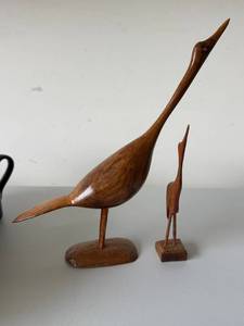 Vintage Hand Carved Wood Bird Figurines Pair Mid Century Style