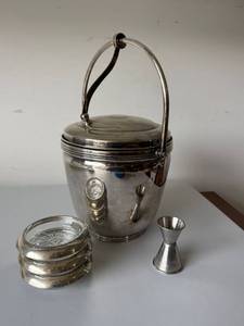 Silverplate Ice Bucket Bar Set Coasters Jigger Glass Insert Mid Century