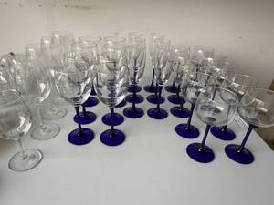 Mixed Stemware Lot Cobalt Blue Stem Wine Goblets Flutes Glasses