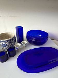Cobalt Blue Glass & Blue White Ceramic Decor Lot Bowl Vase Platter