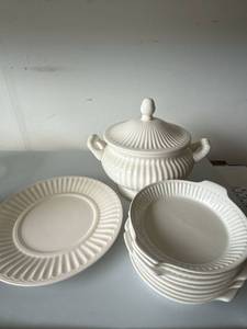 Vintage Japan White Ironstone Soup Tureen Set 8 Pc Ribbed Ceramic
