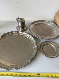 Vintage Pewter & Silverplate Serveware Lot Trays Plate Pitcher 4pc
