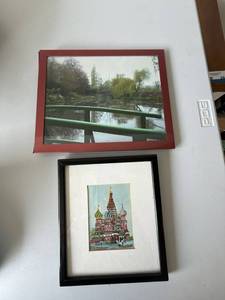 Framed Wall Art Print Lot Landscape Pond & Cathedral Decor 2 Pc