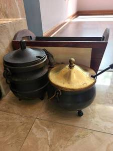 Cast Iron Cauldrons, Brass Lidded Vessel & Wooden Tray Mixed Lot