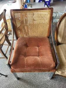 Mid-Century Cane Accent Chair With Tufted Cushion