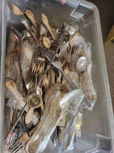 Mixed Lot Silver Tone Flatware in Storage Tote