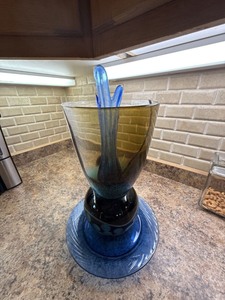 Large Unmarked Studio Art Glass Centerpiece Vase Blue Amber 15in
