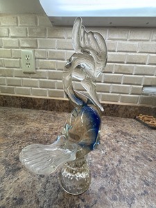 Vintage Murano Style Art Glass Bird Figurine Blue Clear 9in