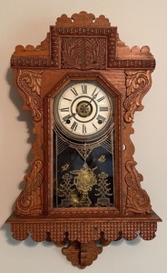 Victorian Eastlake Walnut Gingerbread Wall Clock w Glass Pendulum
