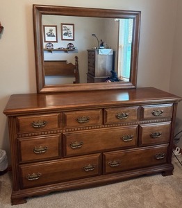 Traditional Cherry Finish Dresser With Matching Framed Mirror