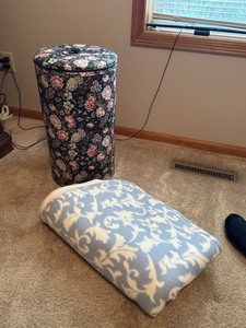 Floral Fabric Laundry Hamper With Lid & Blue White Fleece Throw