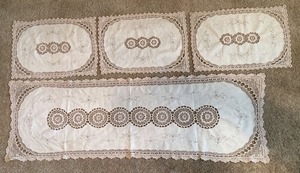 Vintage Linen Dresser Scarf Table Runner Set Crochet Lace Embroidery