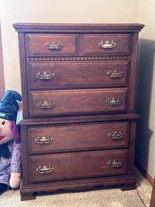 Traditional Cherry Finish 6 Drawer Tall Chest Dresser Brass Pulls