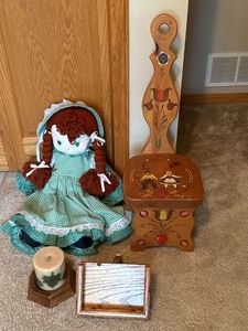 Vintage Country Folk Art Decor Lot Painted Chair Rag Doll Shelf