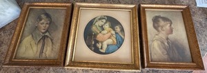 Set of 3 Vintage Framed Child Portrait & Madonna Prints Gilt Frames