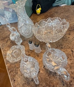 Vintage Cut Glass Crystal Serving Pieces Vase Bowl Cruet Shakers