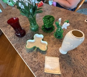 St. Patricks Day Decor Lot Lenox Vase Shamrock Dish Glass Vases