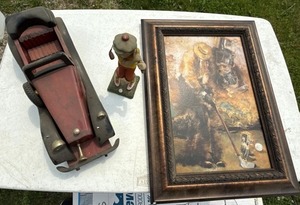 Vintage Decor Lot Framed Golfer Print Wooden Car & Golf Figurine