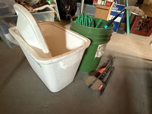 Lot of Assorted Ice Fishing Gear with Styrofoam Cooler & Bucket