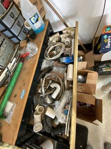 Box Lot of Assorted Plumbing Parts PVC Fittings Hoses Valves