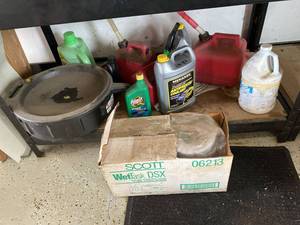 Assorted Automotive Fluids Gas Cans Oil Drain Pan Shop Supply Lot