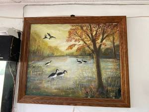 Signed Framed Autumn Lake Landscape Painting With Geese 34x28