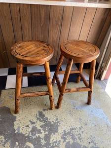 Pair of Rustic Lodge Style Log Bar Stools with Round Wood Seats