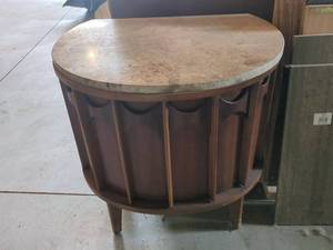 Vintage Walnut and Pecan Mid Century Kent Coffey Perspecta Nightstand  Commode End Table Faux Marble Top Cabinet