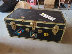 Vintage Black Steamer Trunk Chest Brass Tone Hardware Storage Box