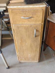 Vintage Wood Utility Cabinet Drawer Door Metal Pulls Freestanding