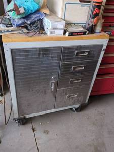 Vintage Industrial Rolling Metal Storage Cabinet w Drawers Wood Top