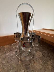 Vintage Silver Fade Glass Wine Decanter Set w Goblets & Caddy